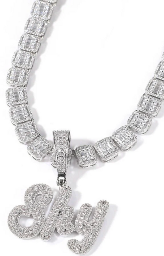 LUXIIVA Brush Script Custom Name Pendant - front view of necklace