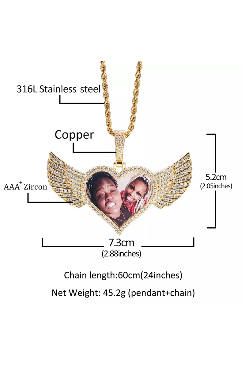 LUXIIVA Hearts Wings Custom Picture Pendant - back view showing clasp and finish
