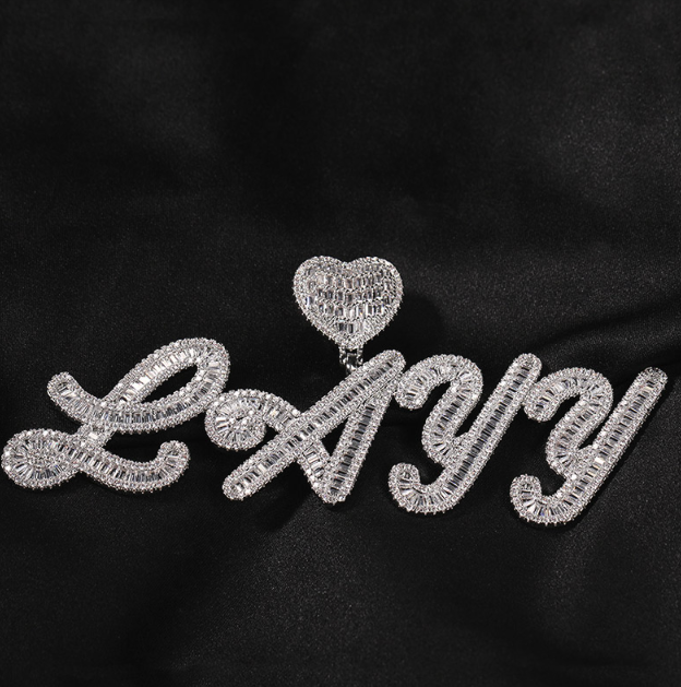 LUXIIVA Cursive Font Iced Out-Baguette Custom Name Pendant - additional view 24 of iced out necklace
