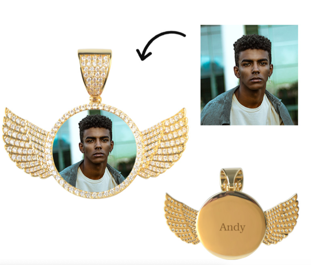 LUXIIVA® ANGEL WINGS CIRCLE CUSTOM PICTURE PENDANT