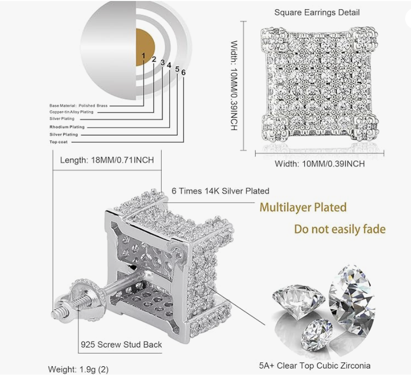 925 STERLING SILVER SQUARE SCREW EARRINGS(Ready to Ship)