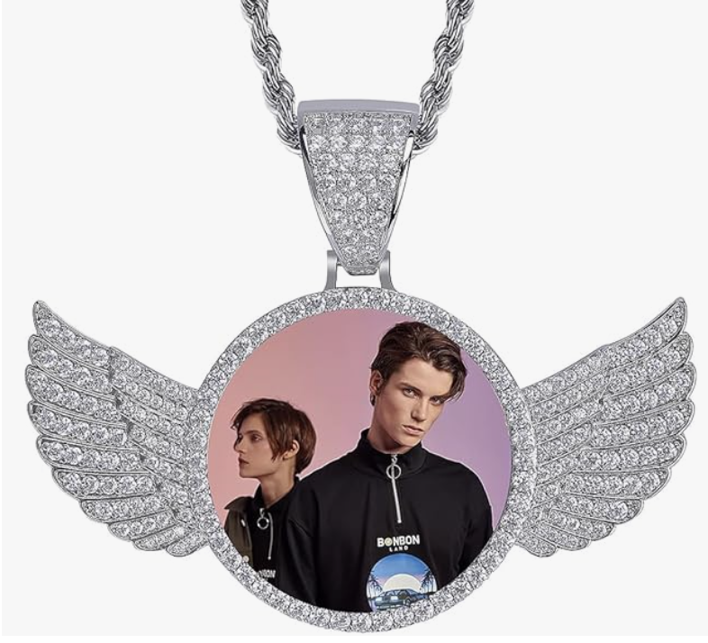 LUXIIVA® ANGEL WINGS CIRCLE CUSTOM PICTURE PENDANT