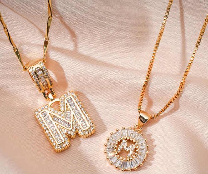 2 PCS 14K DIAMOND LETTER INITIAL NECKLACE SET(Ready to Ship)