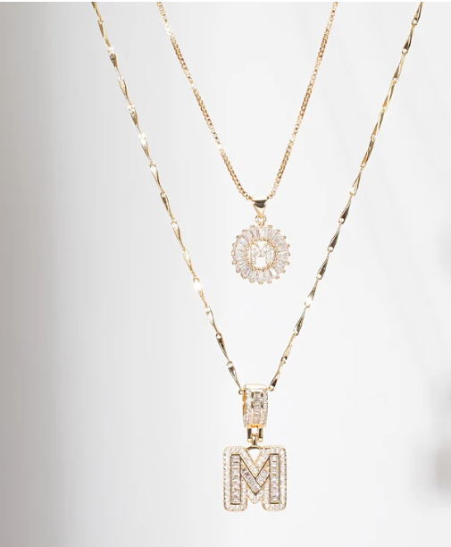 2 PCS 14K DIAMOND LETTER INITIAL NECKLACE SET(Ready to Ship)