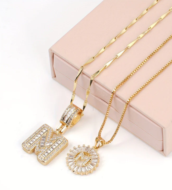 2 PCS 14K DIAMOND LETTER INITIAL NECKLACE SET(Ready to Ship)