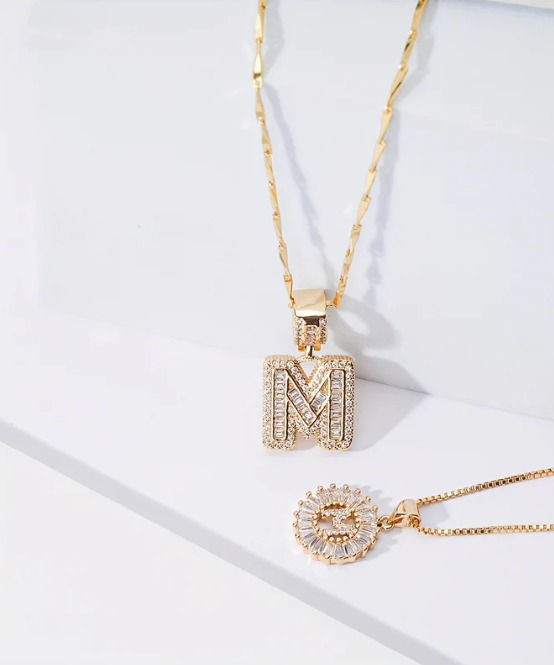 2 PCS 14K DIAMOND LETTER INITIAL NECKLACE SET(Ready to Ship)