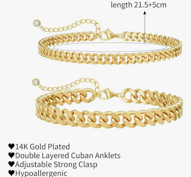 LUXIIVA® 2 PCS 14K GOLD CUBAN ANKLET SET (Ready to Ship)-$11.5/Count