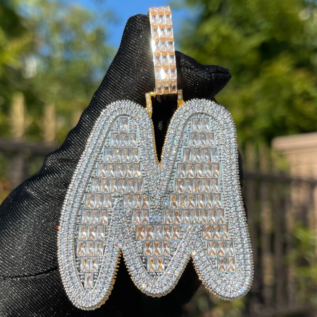 LUXIIVA® BAGUETTE INITIAL CURSIVE ICED OUT PENDANT(Ready to Ship)