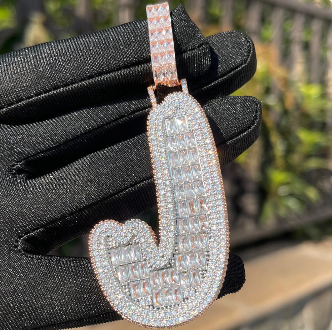 LUXIIVA® BAGUETTE INITIAL CURSIVE ICED OUT PENDANT(Ready to Ship)