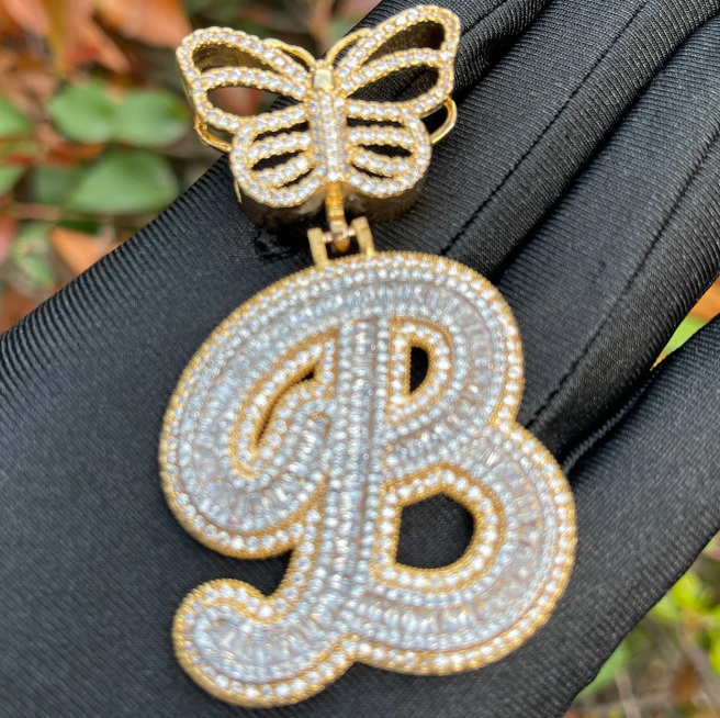 LUXIIVA® INITIAL ICED OUT BUTTERFLY CURSIVE BAGUETTE PENDANT(Ready to Ship)