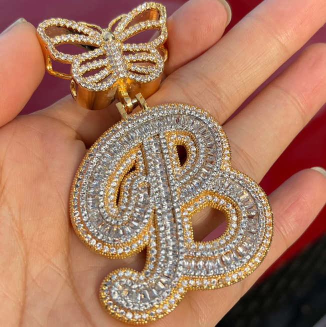 LUXIIVA® INITIAL ICED OUT BUTTERFLY CURSIVE BAGUETTE PENDANT(Ready to Ship)