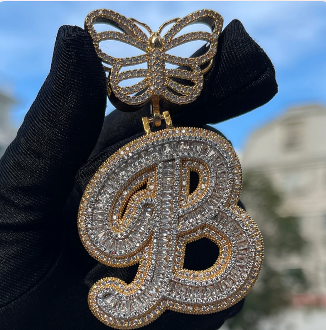 LUXIIVA® INITIAL ICED OUT BUTTERFLY CURSIVE BAGUETTE PENDANT(Ready to Ship)
