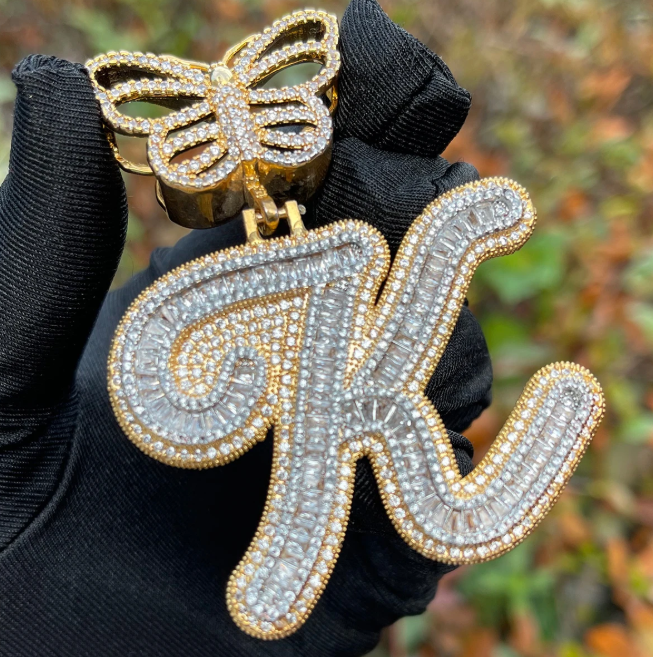 LUXIIVA® INITIAL ICED OUT BUTTERFLY CURSIVE BAGUETTE PENDANT(Ready to Ship)