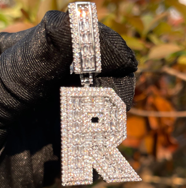 LUXIIVA® ICED OUT INITIAL BAGUETTE PENDANT(Ready to Ship)