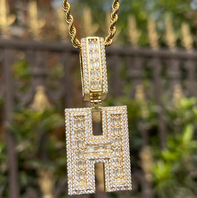 LUXIIVA® ICED OUT INITIAL BAGUETTE PENDANT(Ready to Ship)