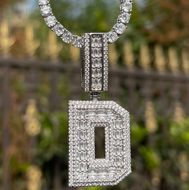 LUXIIVA® ICED OUT INITIAL BAGUETTE PENDANT(Ready to Ship)