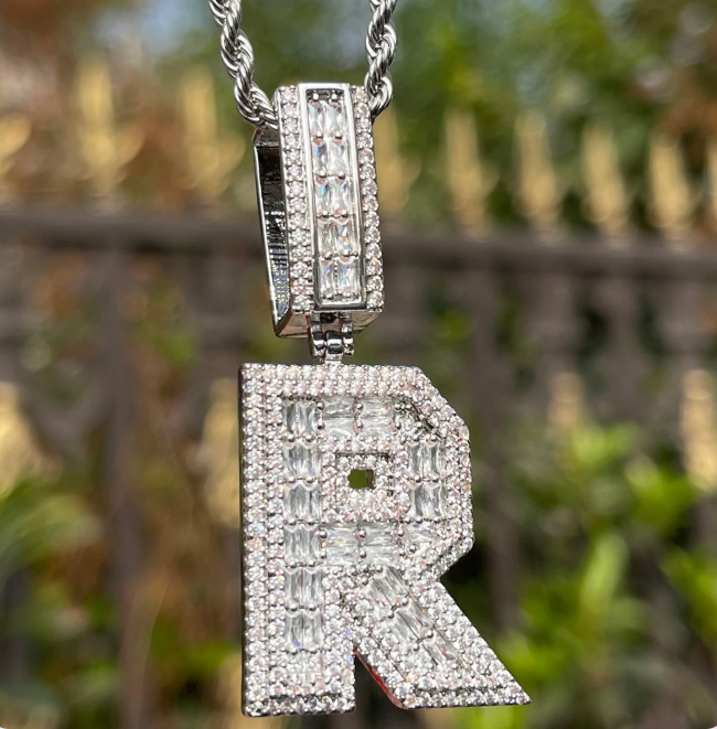 LUXIIVA® ICED OUT INITIAL BAGUETTE PENDANT(Ready to Ship)