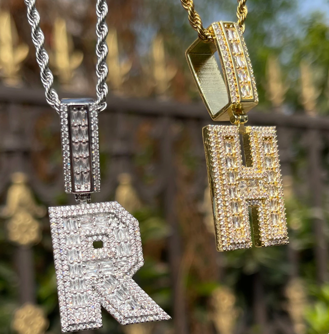 LUXIIVA® ICED OUT INITIAL BAGUETTE PENDANT(Ready to Ship)