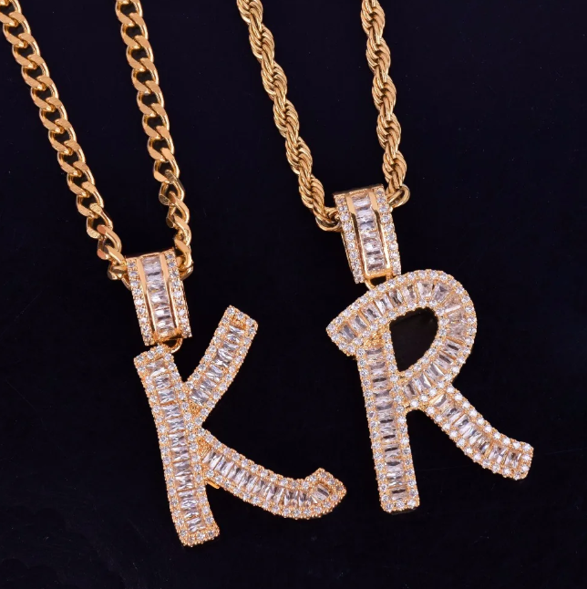 LUXIIVA® A-Z BAGUETTE INITIAL LETTERS HIP HOP PENDANT(Ready to Ship)