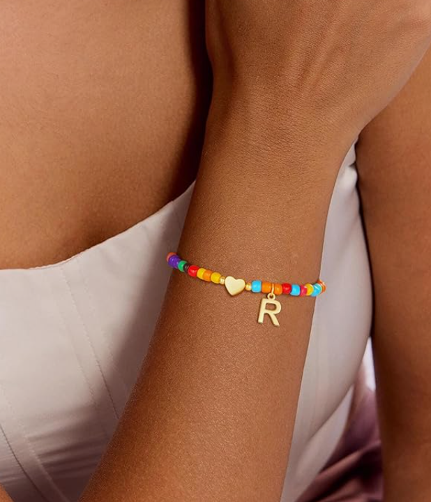 LUXIIVA® LUXE BEADED INITIAL BRACELET WITH HEART PENDANT (Ready to Ship)