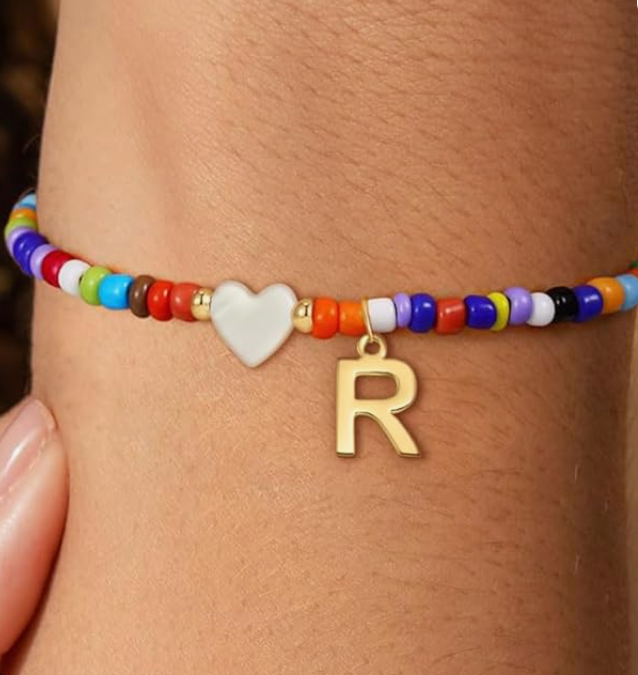 LUXIIVA® LUXE BEADED INITIAL BRACELET WITH HEART PENDANT (Ready to Ship)