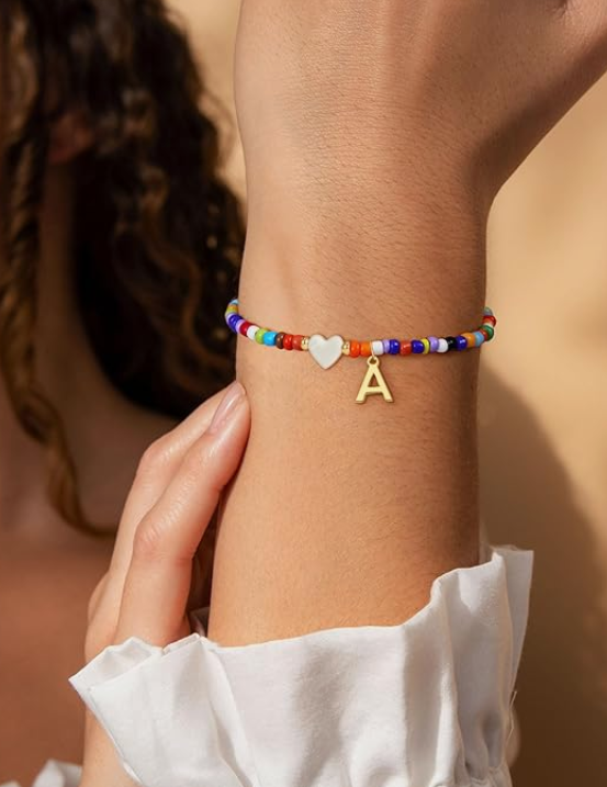 LUXIIVA® LUXE BEADED INITIAL BRACELET WITH HEART PENDANT (Ready to Ship)
