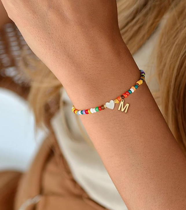 LUXIIVA® LUXE BEADED INITIAL BRACELET WITH HEART PENDANT (Ready to Ship)