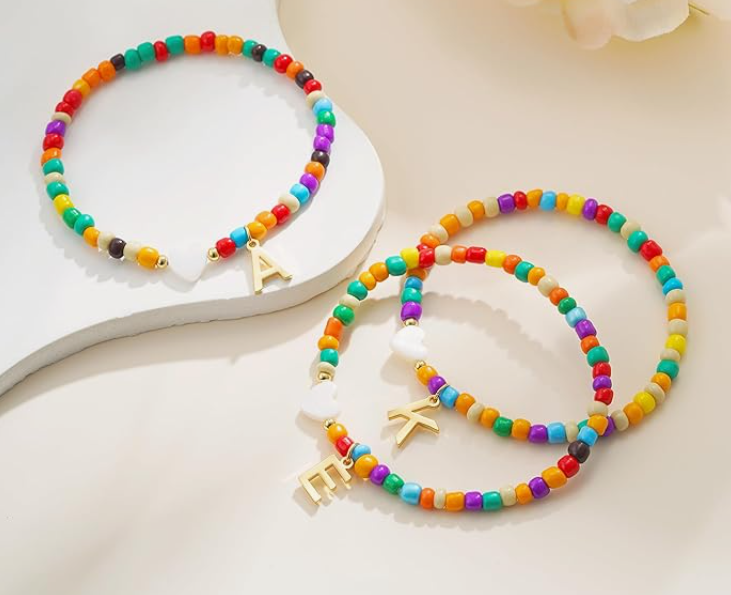 LUXIIVA® LUXE BEADED INITIAL BRACELET WITH HEART PENDANT (Ready to Ship)