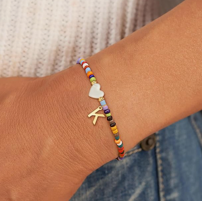 LUXIIVA® LUXE BEADED INITIAL BRACELET WITH HEART PENDANT (Ready to Ship)