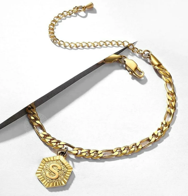 LUXIIVA® GOLDEN GLOW BRACELET WITH HEXAGON INITIAL PENDANT (Ready to Ship)
