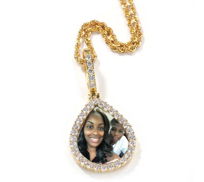 LUXIIVA Tear Drop Custom Picture Pendant - side angle highlighting necklace design