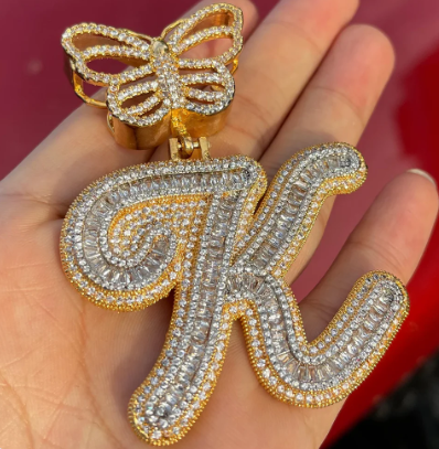 LUXIIVA® INITIAL ICED OUT BUTTERFLY CURSIVE BAGUETTE PENDANT(Ready to Ship)