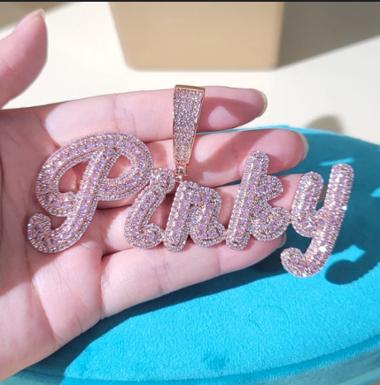 LUXIIVA Frosted Iced Out Custom Name Pendant - Classic Bail - size comparison and dimensions
