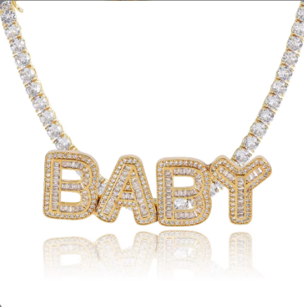 LUXIIVA Nelly Iced Out Nameplate Necklace - side angle highlighting necklace design