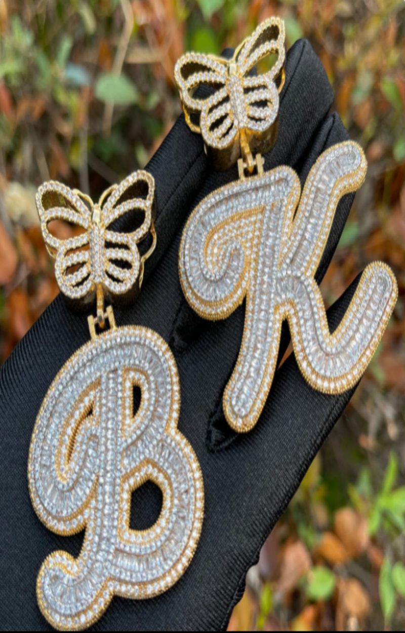 LUXIIVA® INITIAL ICED OUT BUTTERFLY CURSIVE BAGUETTE PENDANT(Ready to Ship)