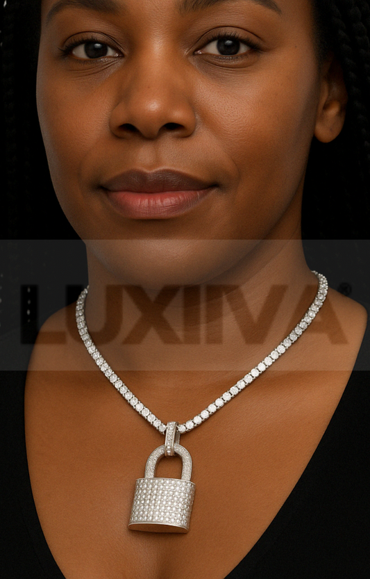 LUXIIVA Iced Out Lock Pendant - front view of iced out necklace