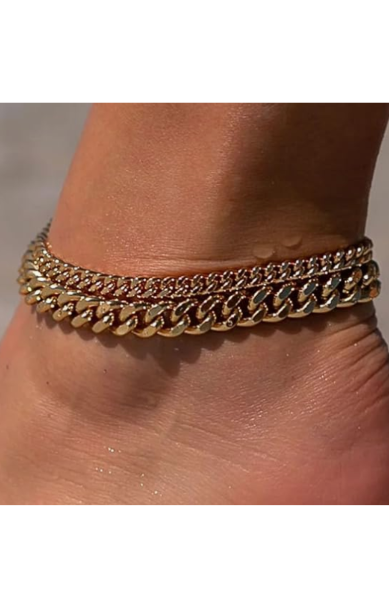 LUXIIVA® 2 PCS 14K GOLD CUBAN ANKLET SET (Ready to Ship)-$11.5/Count