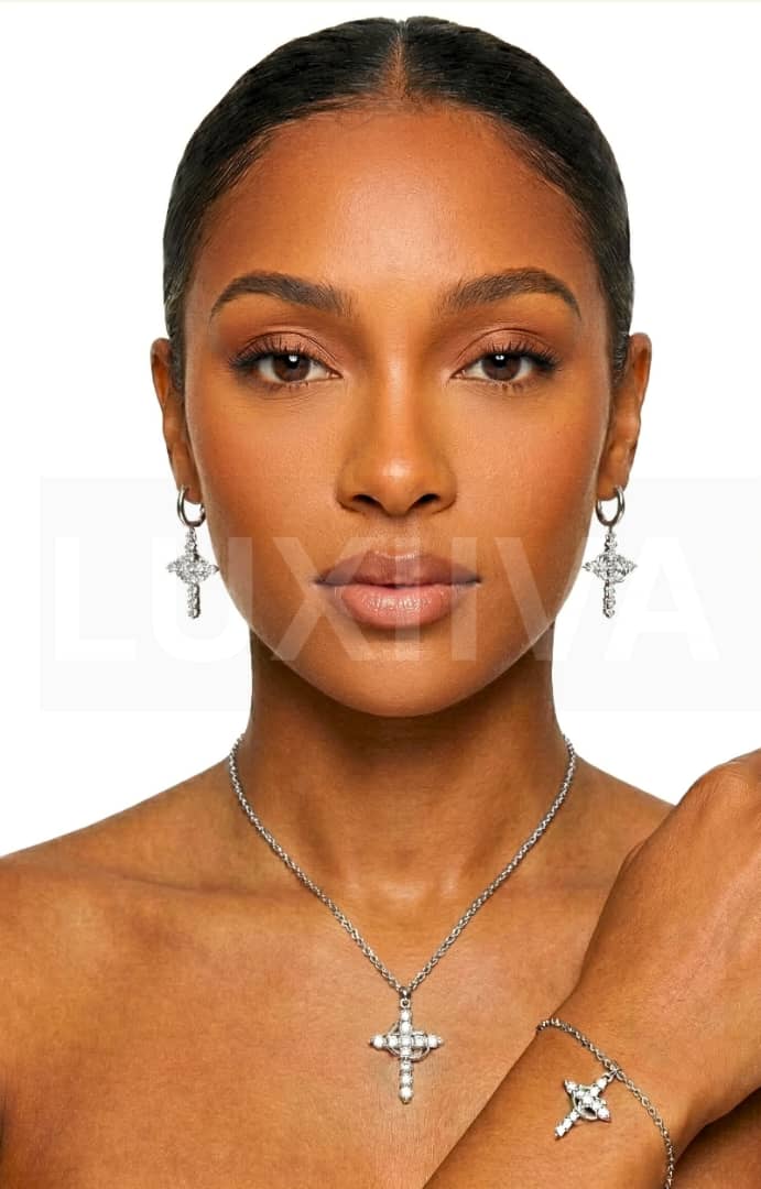 LUXIIVA Sparkling Crown Cross 3-Piece Set - front view of jewelry set