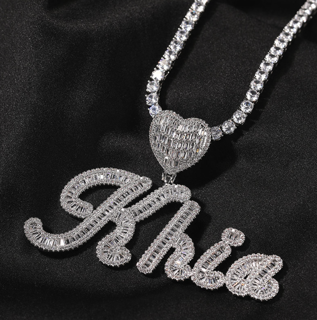 LUXIIVA® CURSIVE FONT ICED OUT-BAGUETTE CUSTOM NAME PENDANT