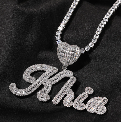 LUXIIVA® CURSIVE FONT ICED OUT-BAGUETTE CUSTOM NAME PENDANT