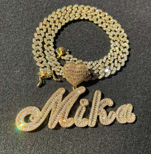 LUXIIVA® CURSIVE FONT ICED OUT-BAGUETTE CUSTOM NAME PENDANT