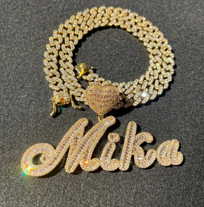 LUXIIVA® CURSIVE FONT ICED OUT-BAGUETTE CUSTOM NAME PENDANT