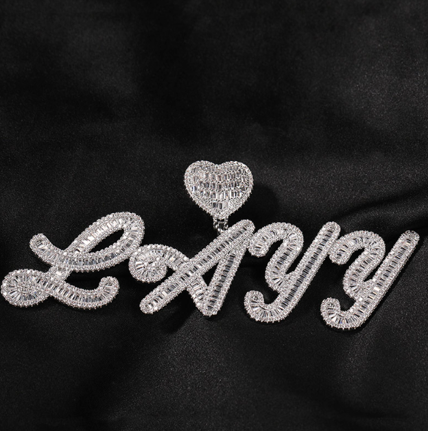 LUXIIVA® CURSIVE FONT ICED OUT-BAGUETTE CUSTOM NAME PENDANT