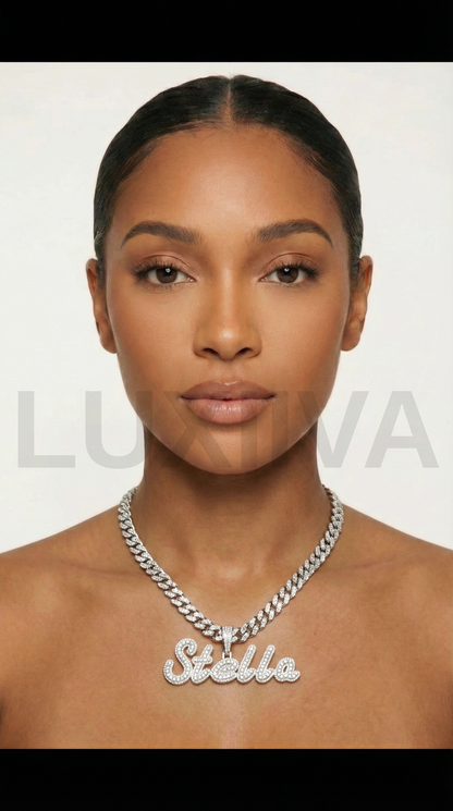 LUXIIVA® CURSIVE FONT ICED OUT-BAGUETTE CUSTOM NAME PENDANT