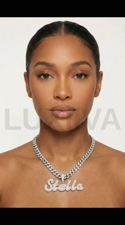 LUXIIVA® CURSIVE FONT ICED OUT-BAGUETTE CUSTOM NAME PENDANT