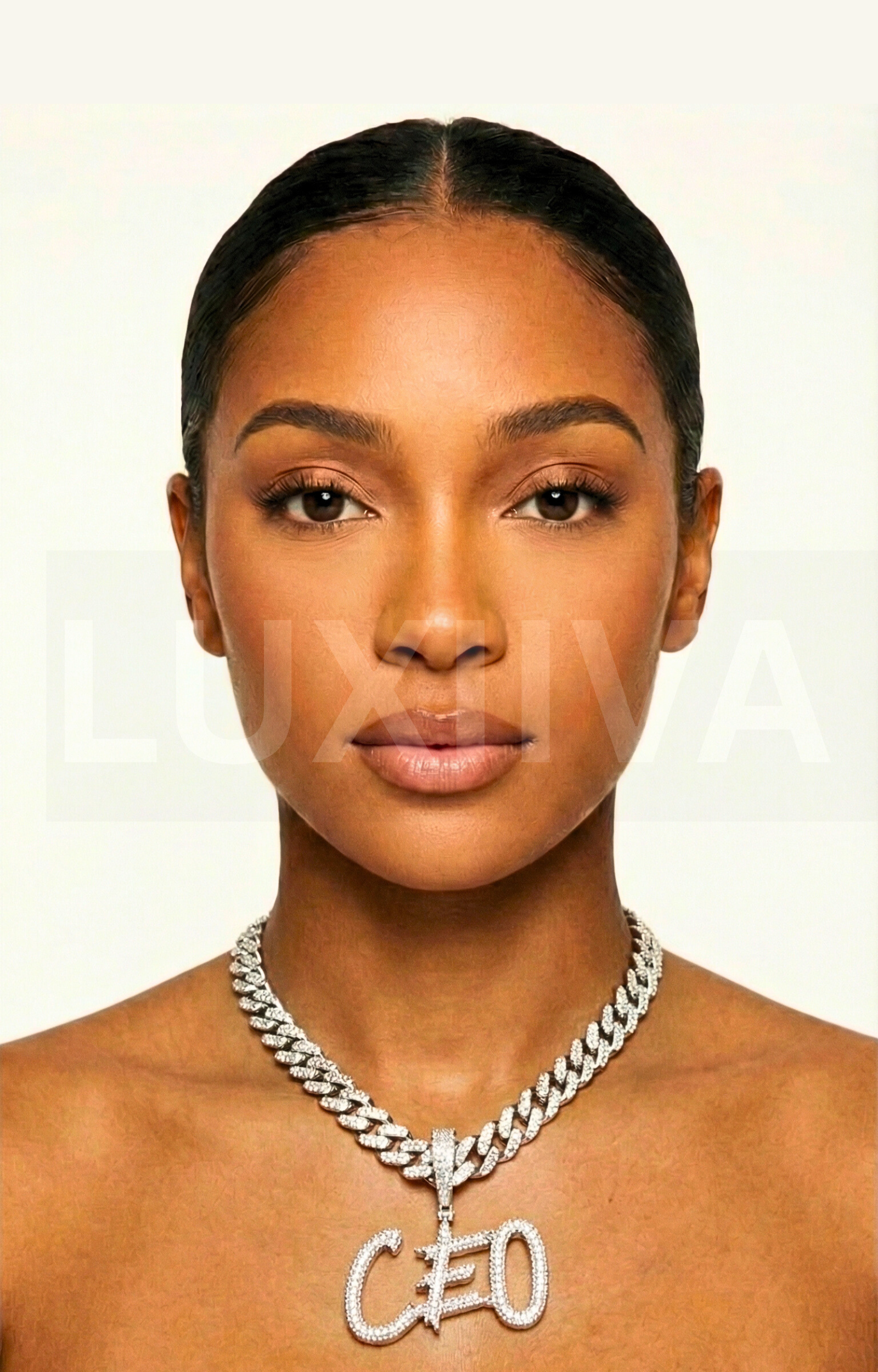 LUXIIVA Glacier Font Iced Out Custom Name Pendant - front view of iced out necklace