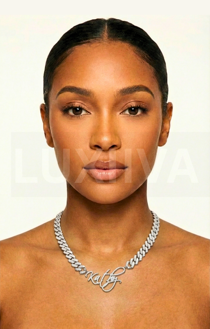 LUXIIVA Janice Rhinestone Cuban Name Necklace - front view of Cuban link necklace