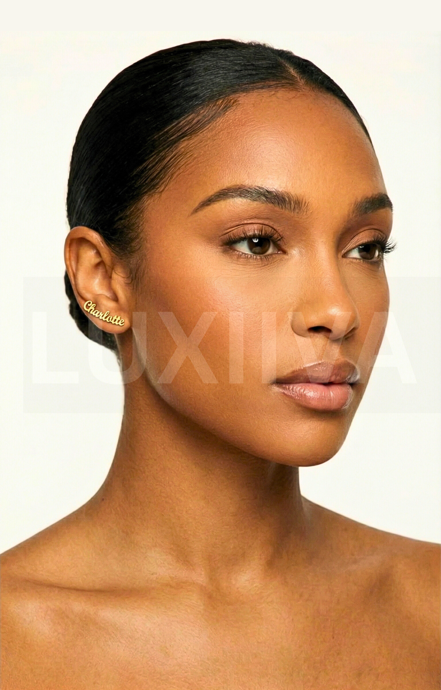 LUXIIVA Custom Cursive Name Stud Earrings - front view of earrings