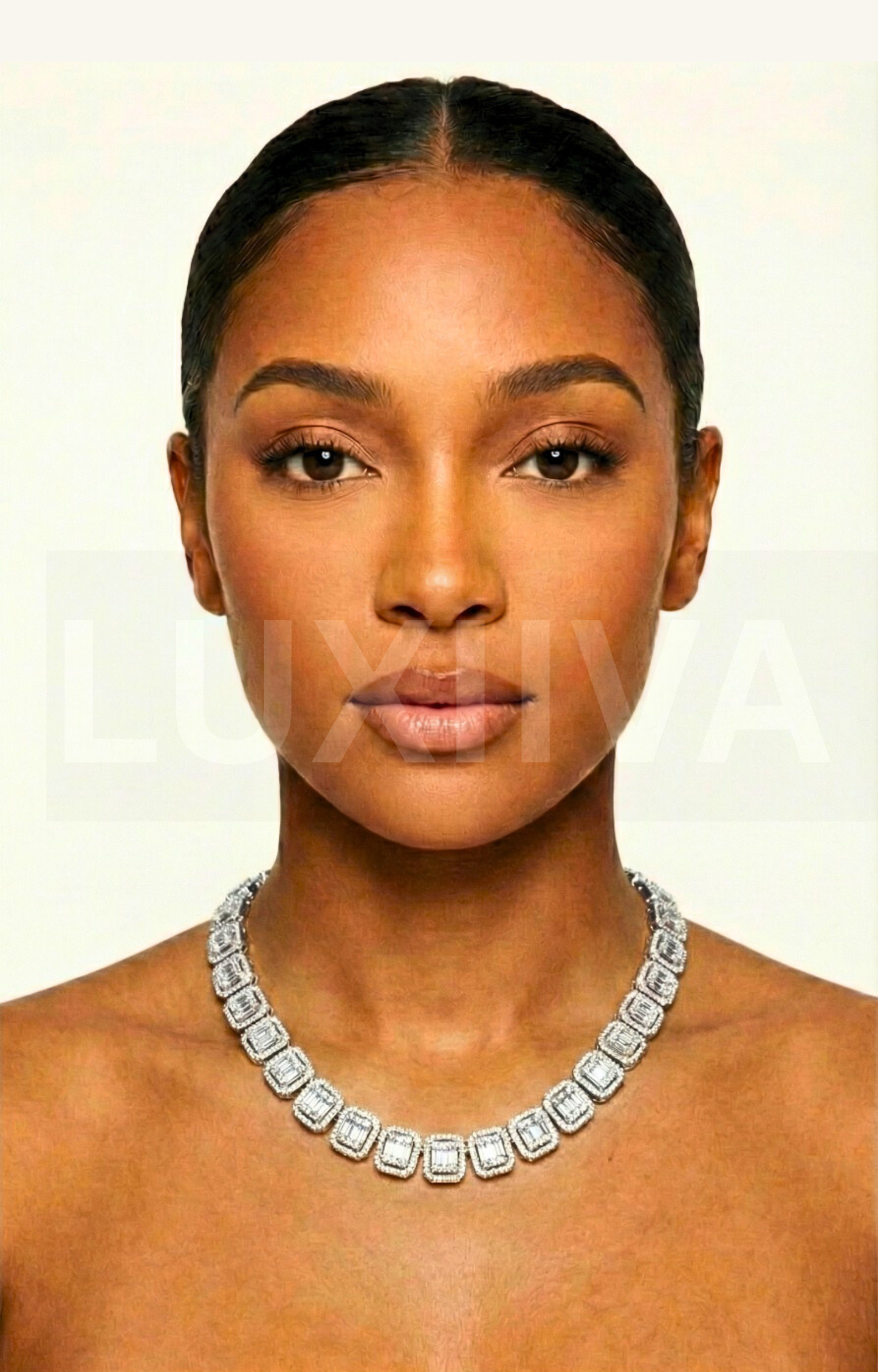 LUXIIVA Baguette Rhinestone Chain - front view of necklace