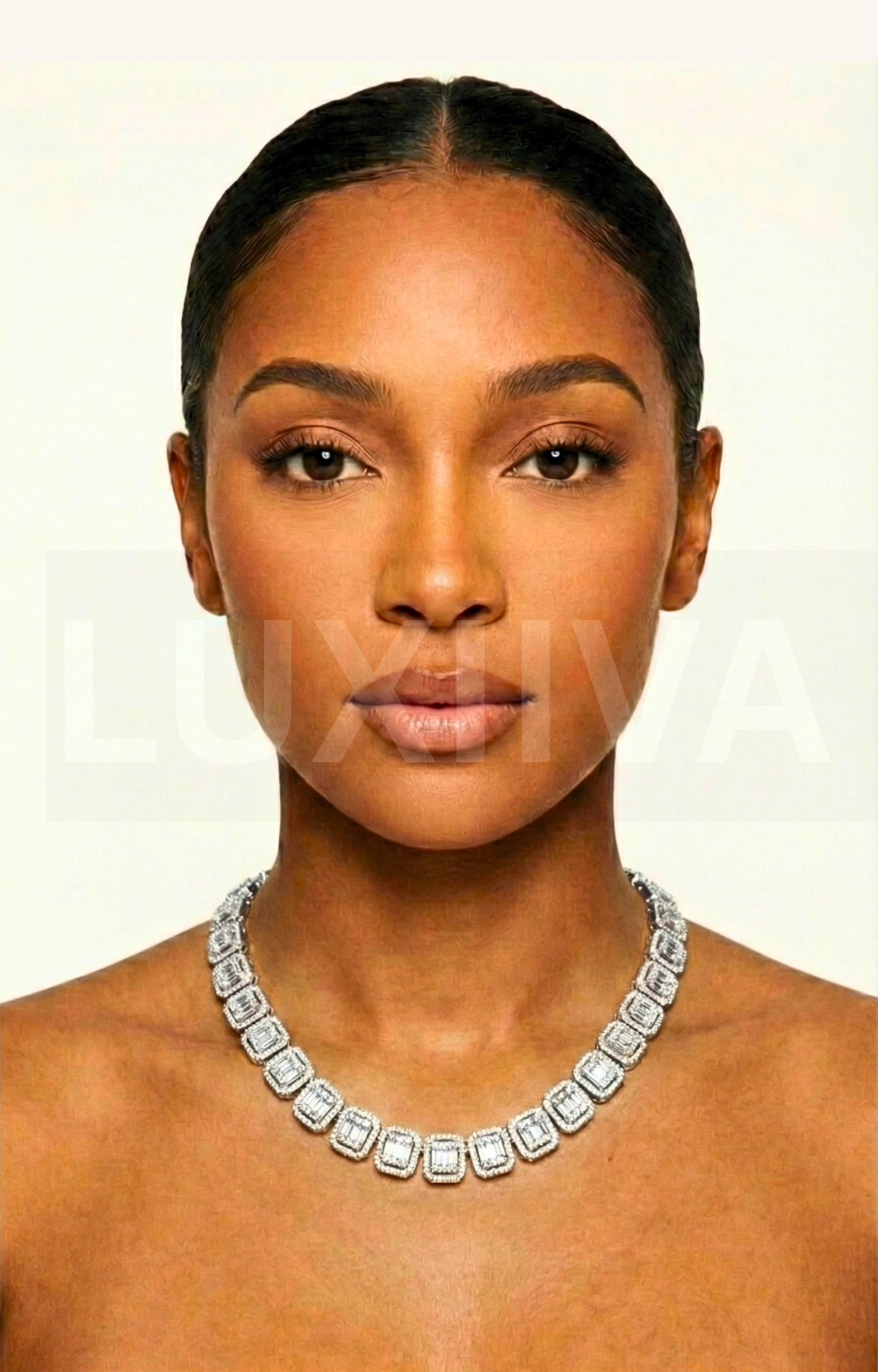 LUXIIVA Baguette Rhinestone Chain - front view of necklace